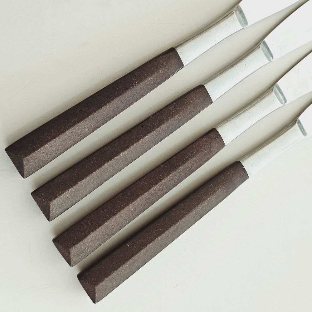 4 Woodwind Dinner Knife 8" wood-like handle vtg midcentury boho minimalist mixed - Picture 9 of 9